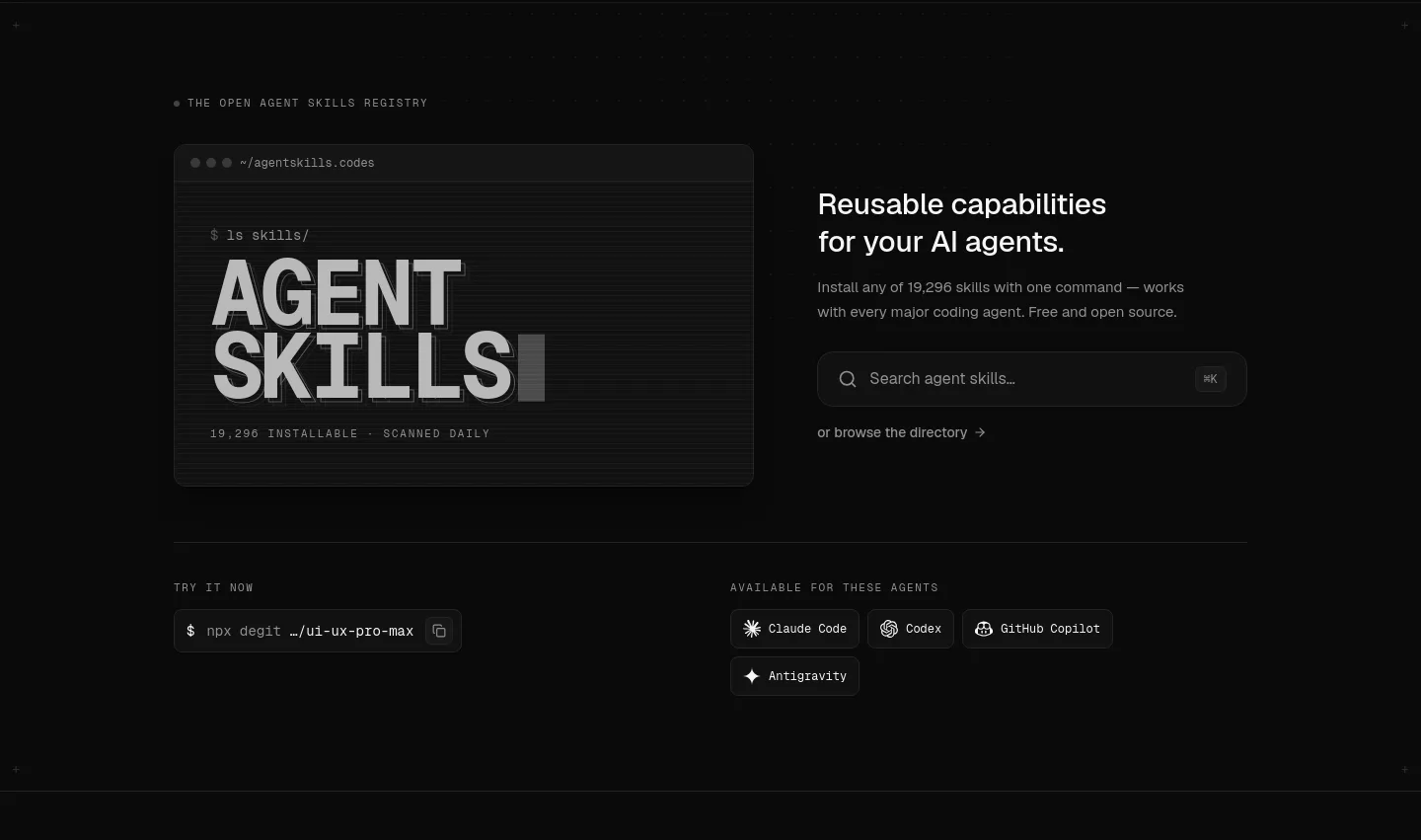 agentskills.codes — a real Hero section