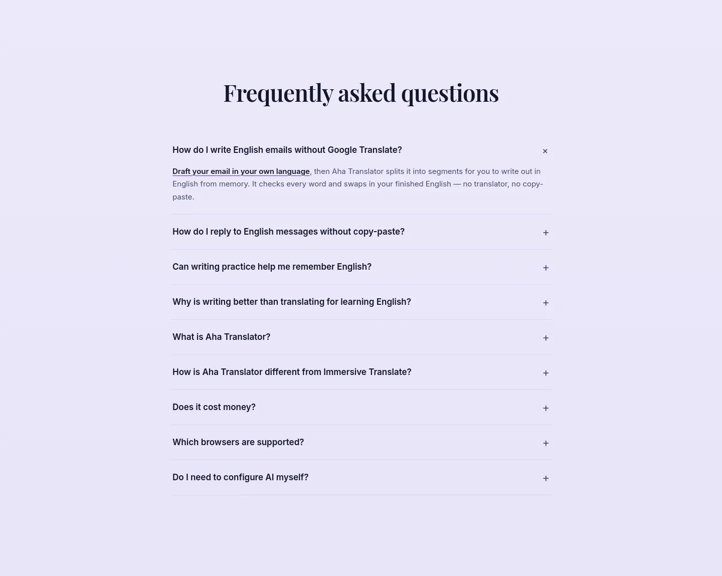 ahatranslator.com — a real FAQ section