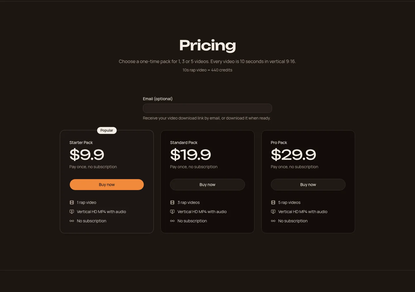 ai-rap-video.me — a real Pricing section