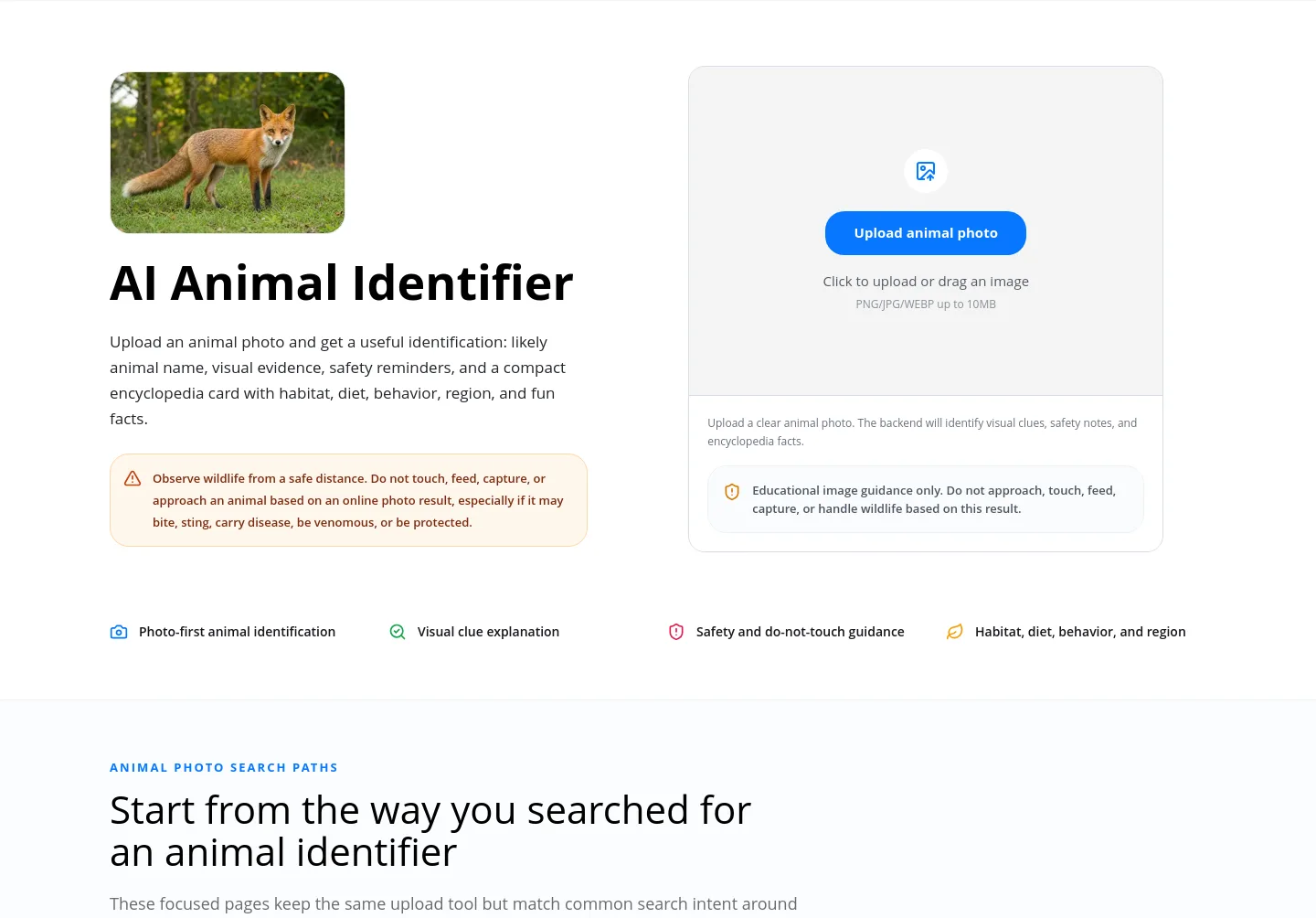 aianimalidentifier.com — a real Hero section