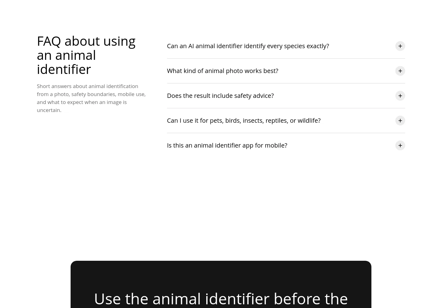 aianimalidentifier.com FAQ section