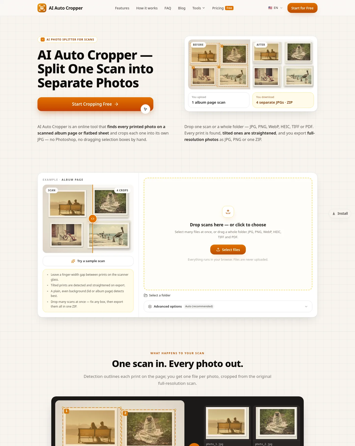 aiautocropper.com — Hero + Features + FAQ