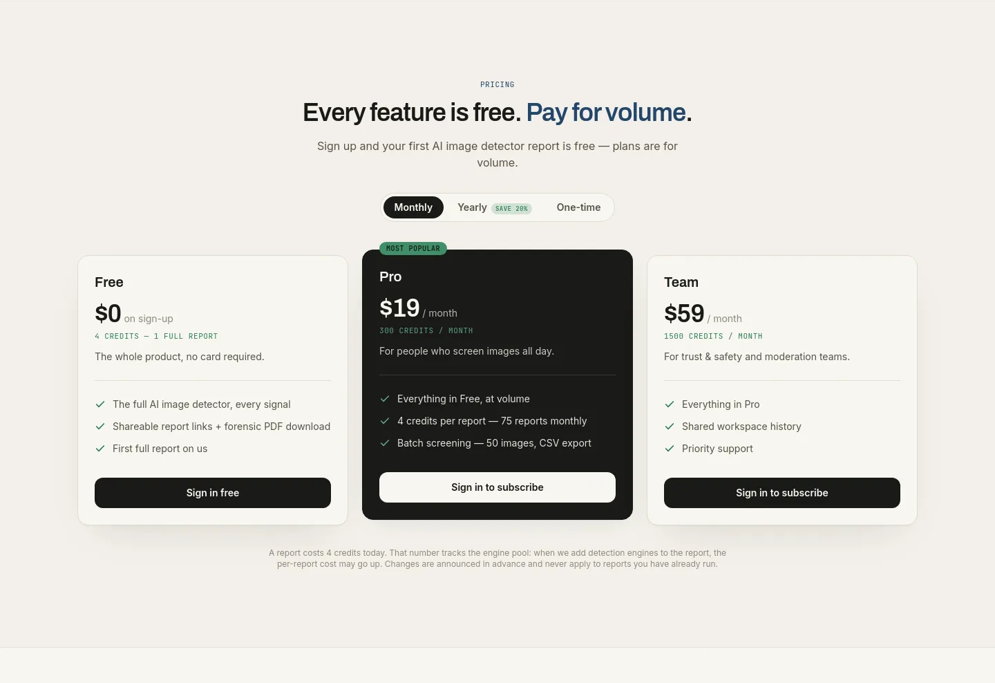 aiimagedetector.info — a real Pricing section