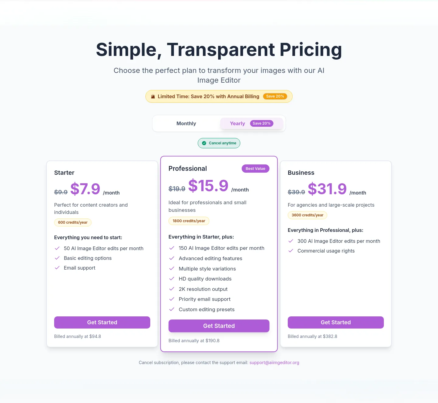 aiimgeditor.org Pricing section