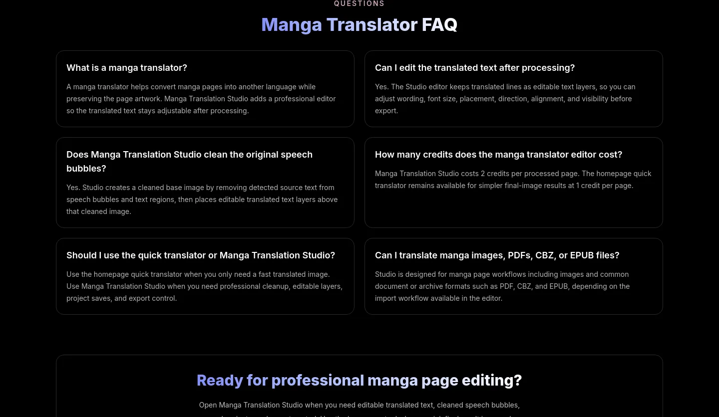 aimangatranslate.com — a real FAQ section