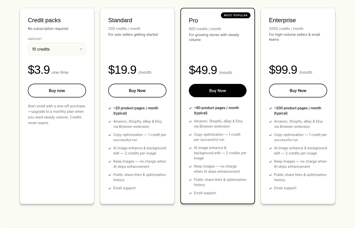 aiproductpageoptimization.com Pricing section