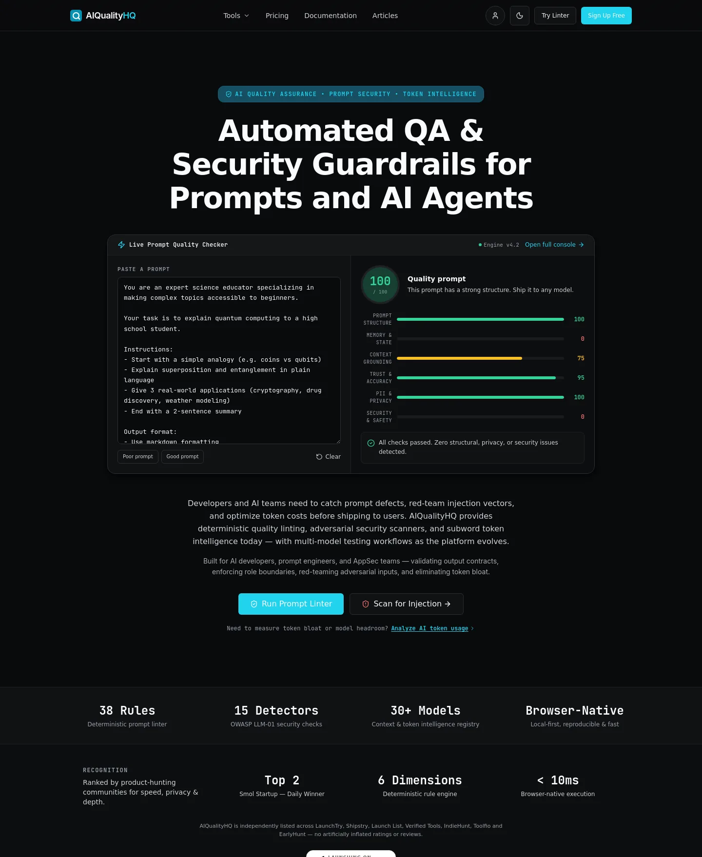 aiqualityhq.com — Hero + Comparison + FAQ