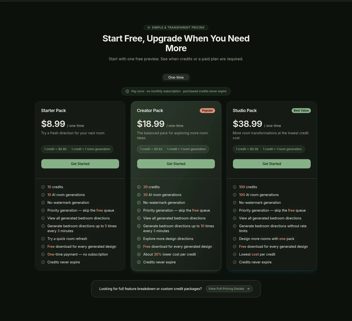 airoommaker.com — a real Pricing section