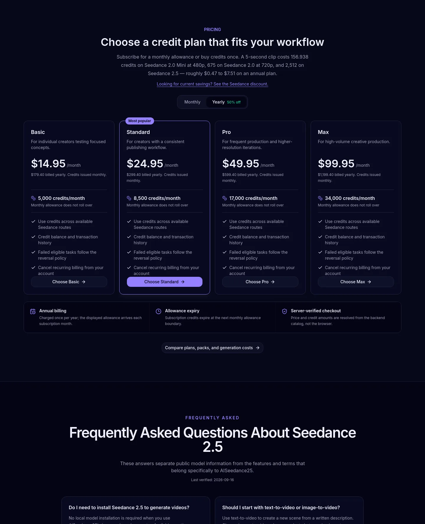 aiseedance25.app Pricing section