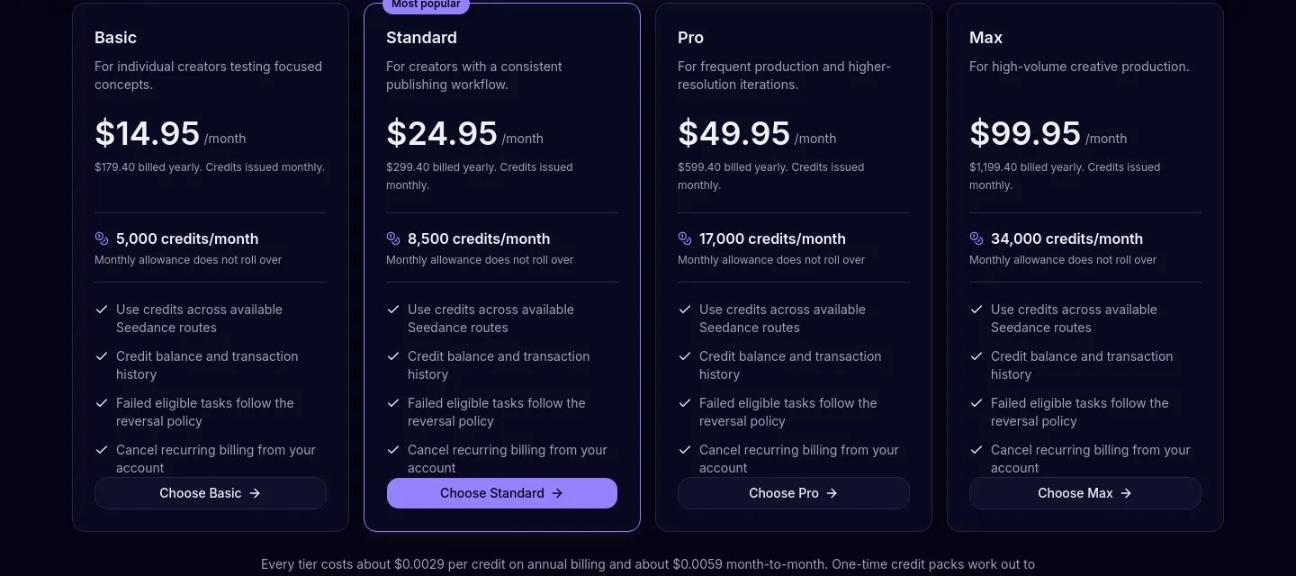 aiseedance25.app Pricing section
