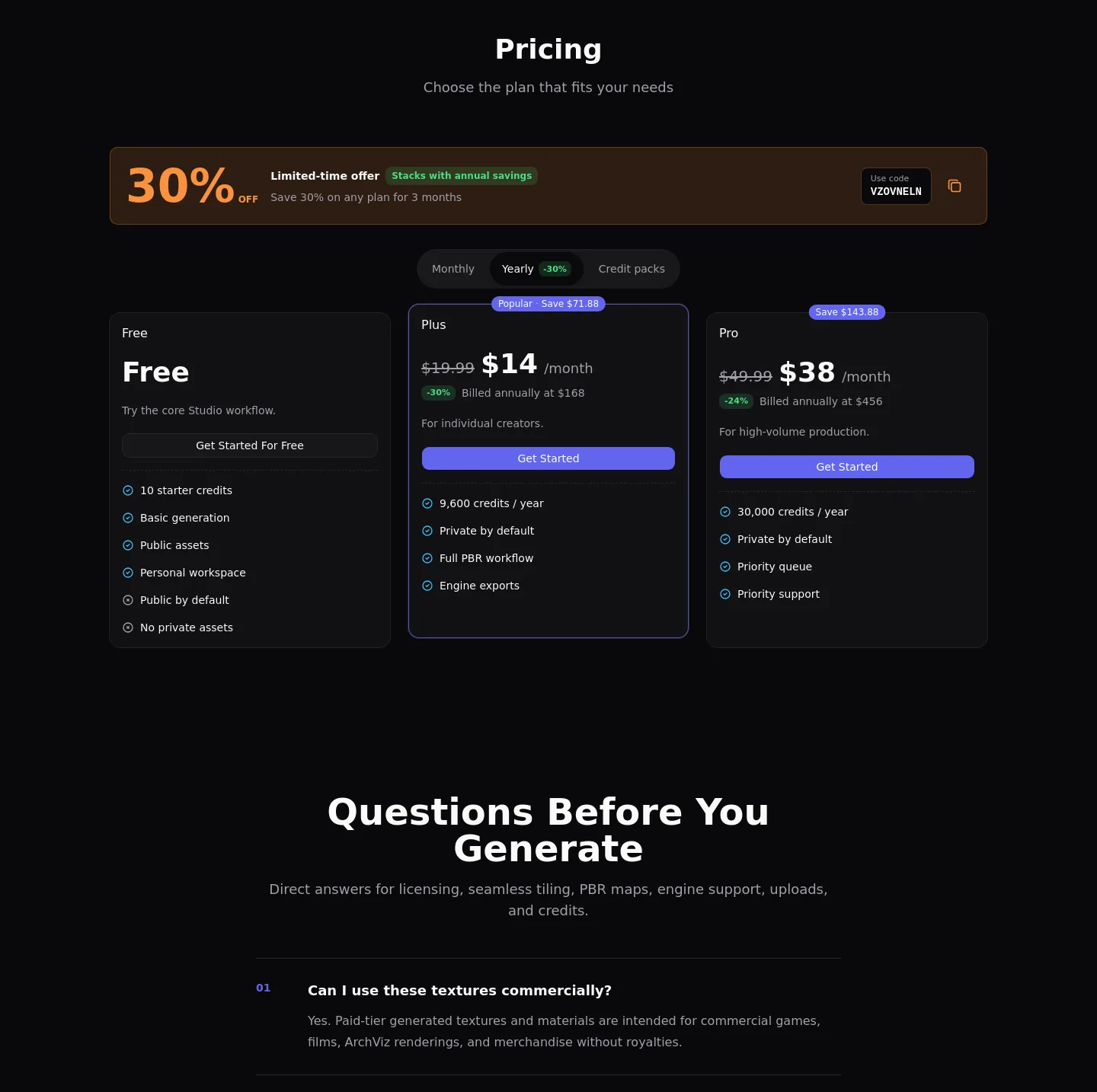 aitexture.ai Pricing section