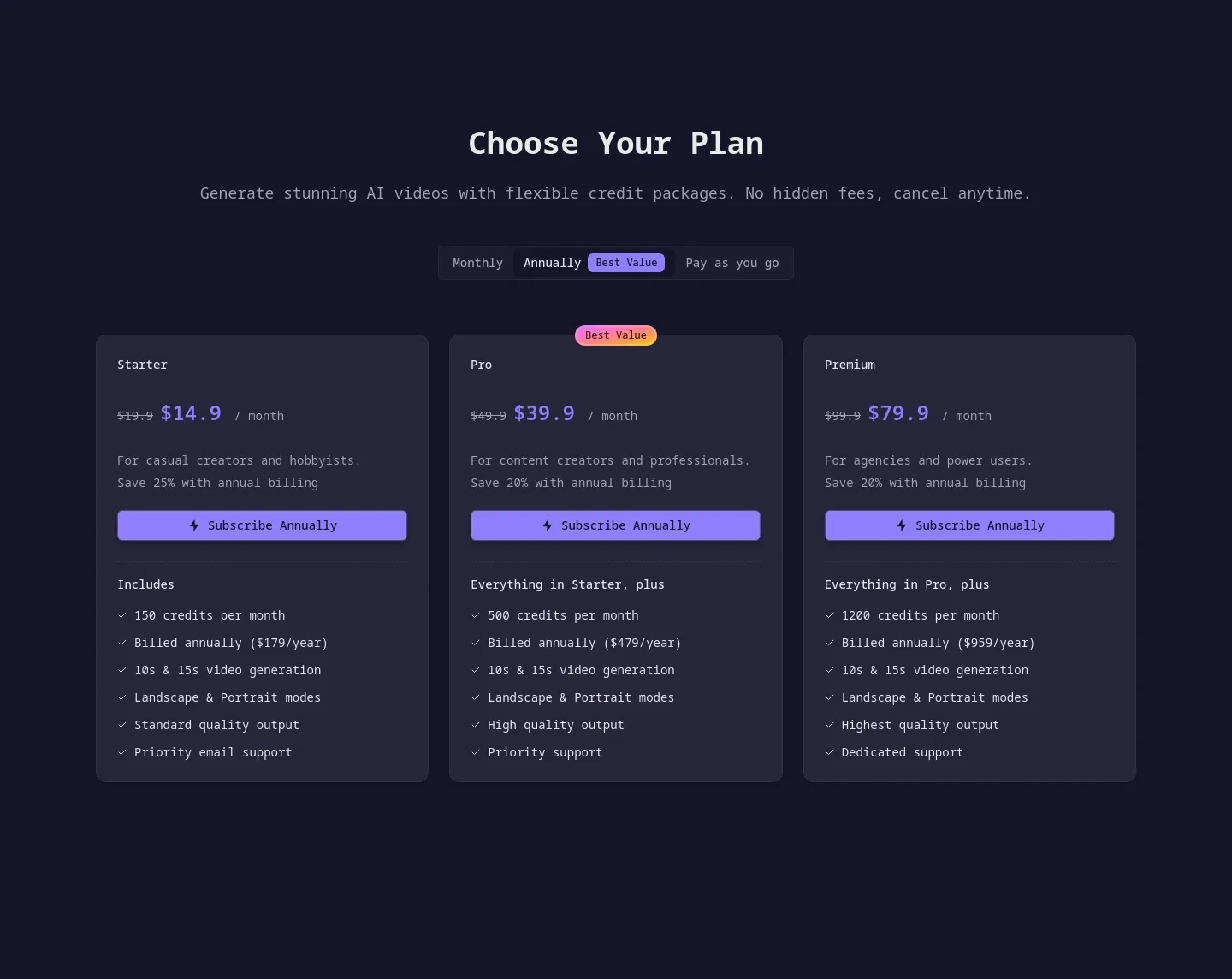 aivideogenerator.best Pricing section