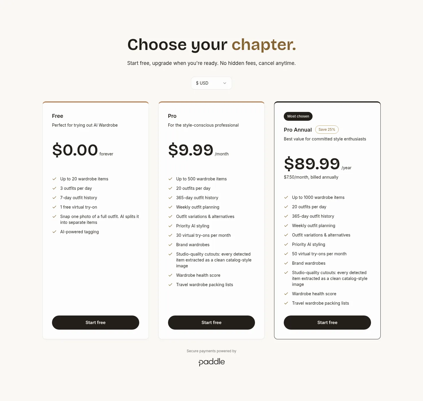 aiwardrobe.co — a real Pricing section