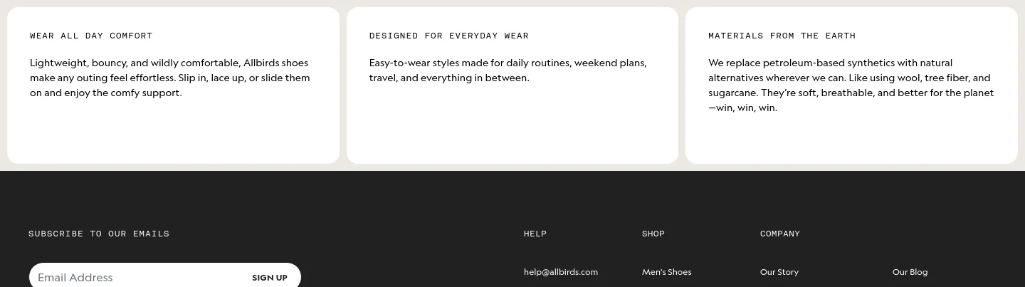allbirds.com — a real Features section