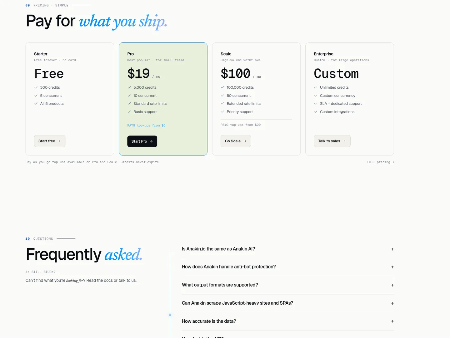 anakin.io Pricing section