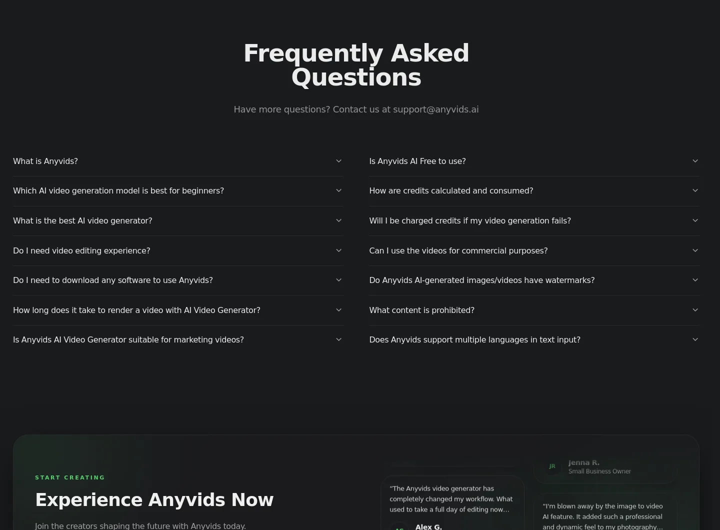 anyvids.ai FAQ section