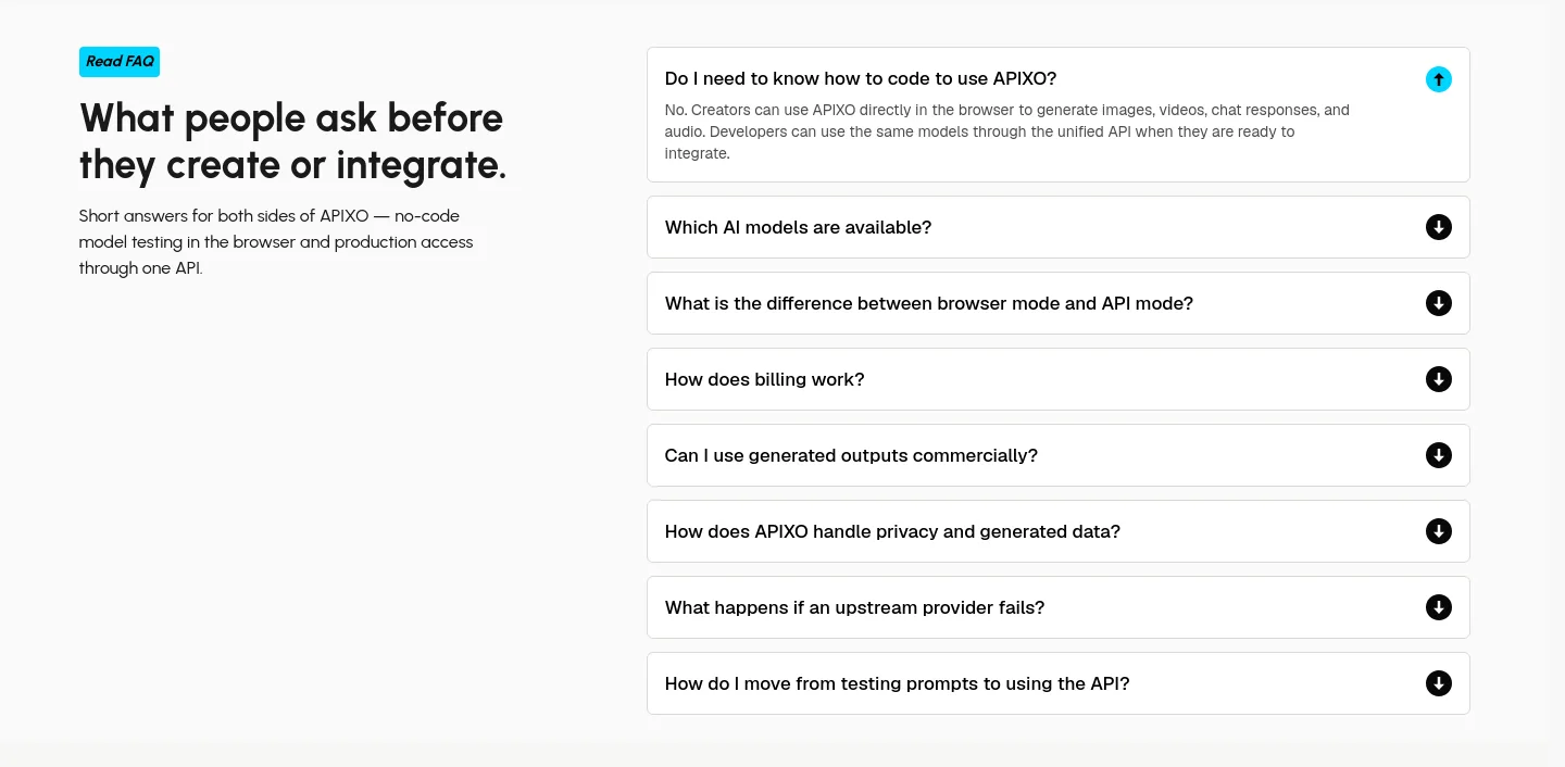 apixo.ai — a real FAQ section