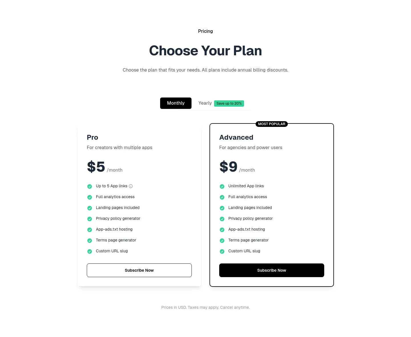 apppage.co Pricing section