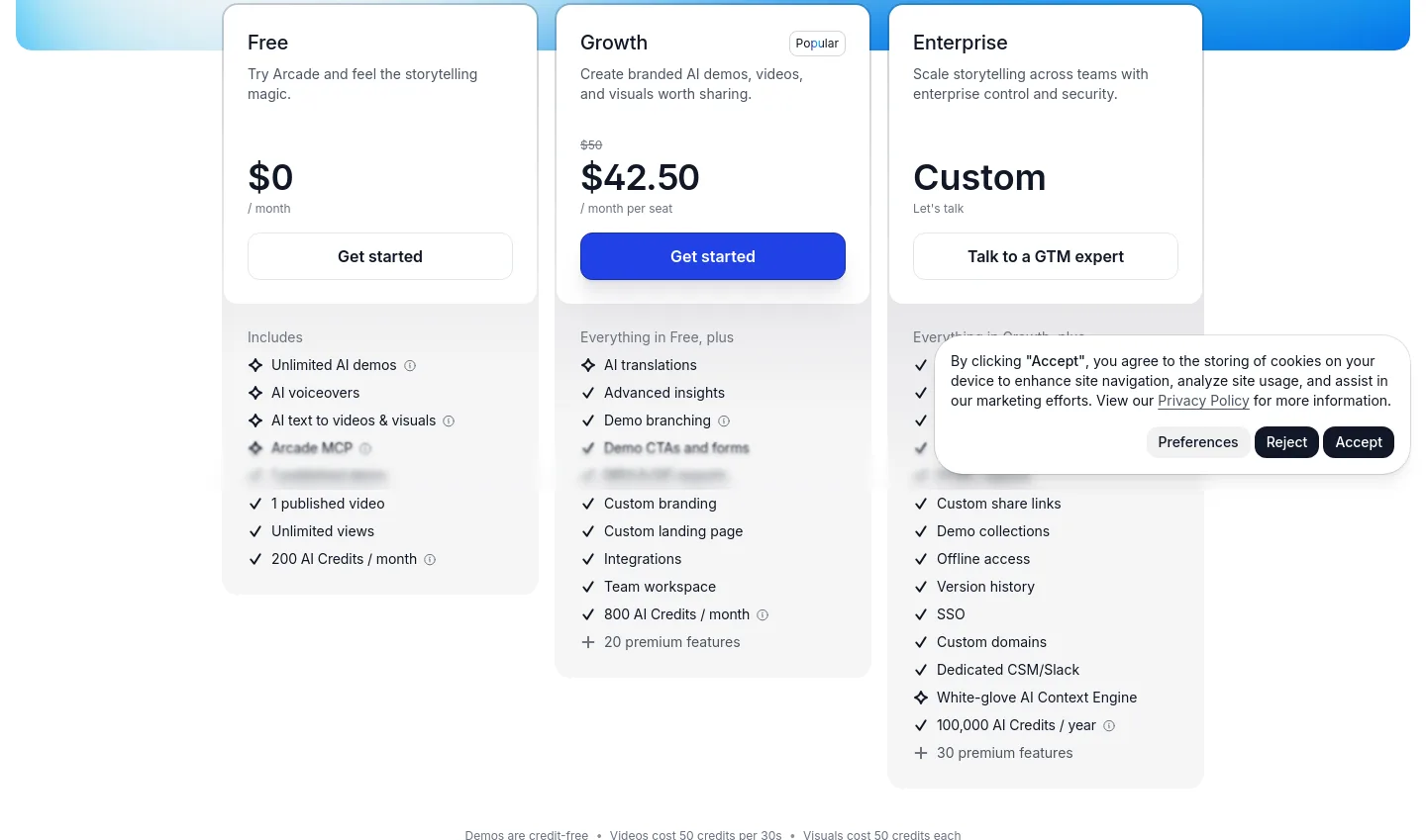 arcade.software Pricing section