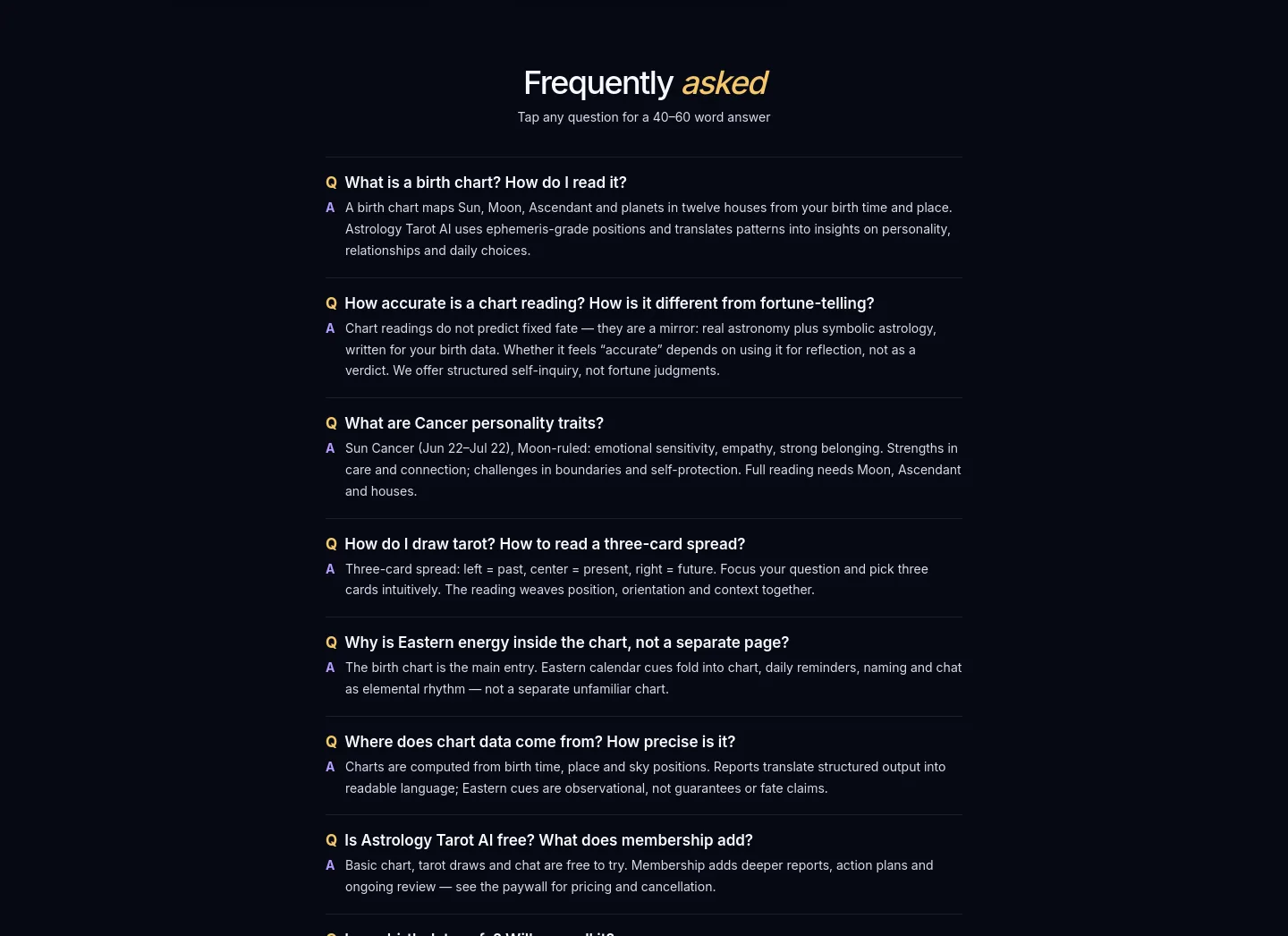 astrologytarotai.com — a real FAQ section