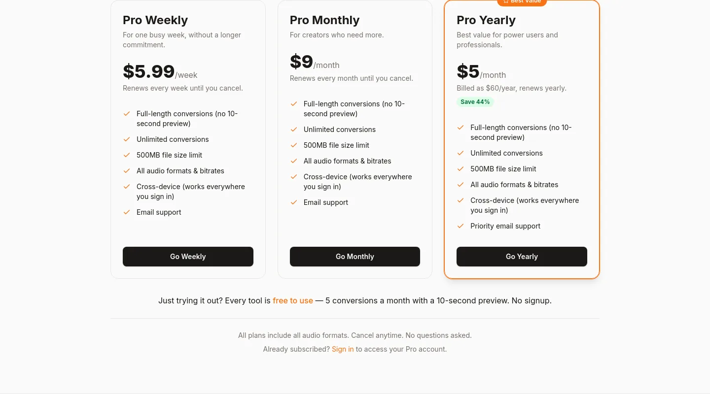 audioutils.com Pricing section