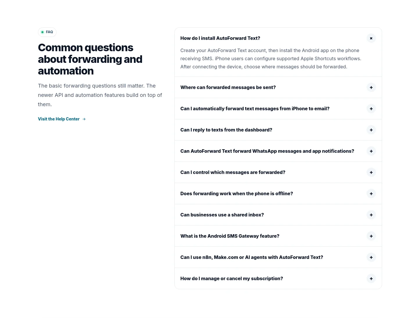 autoforwardtext.com FAQ section