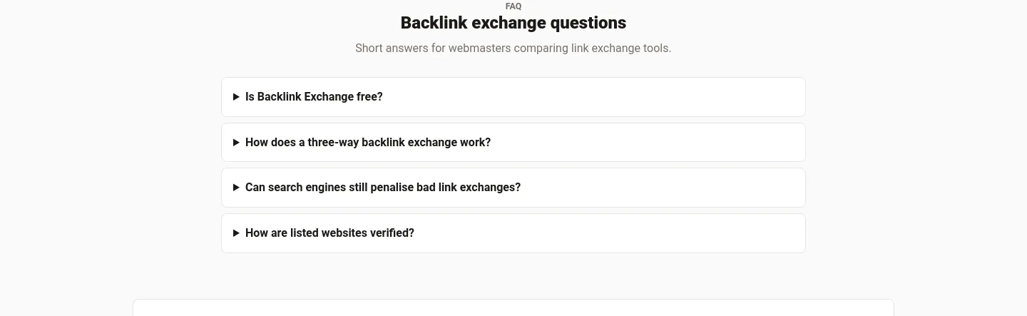backlinkexchange.org — a real FAQ section