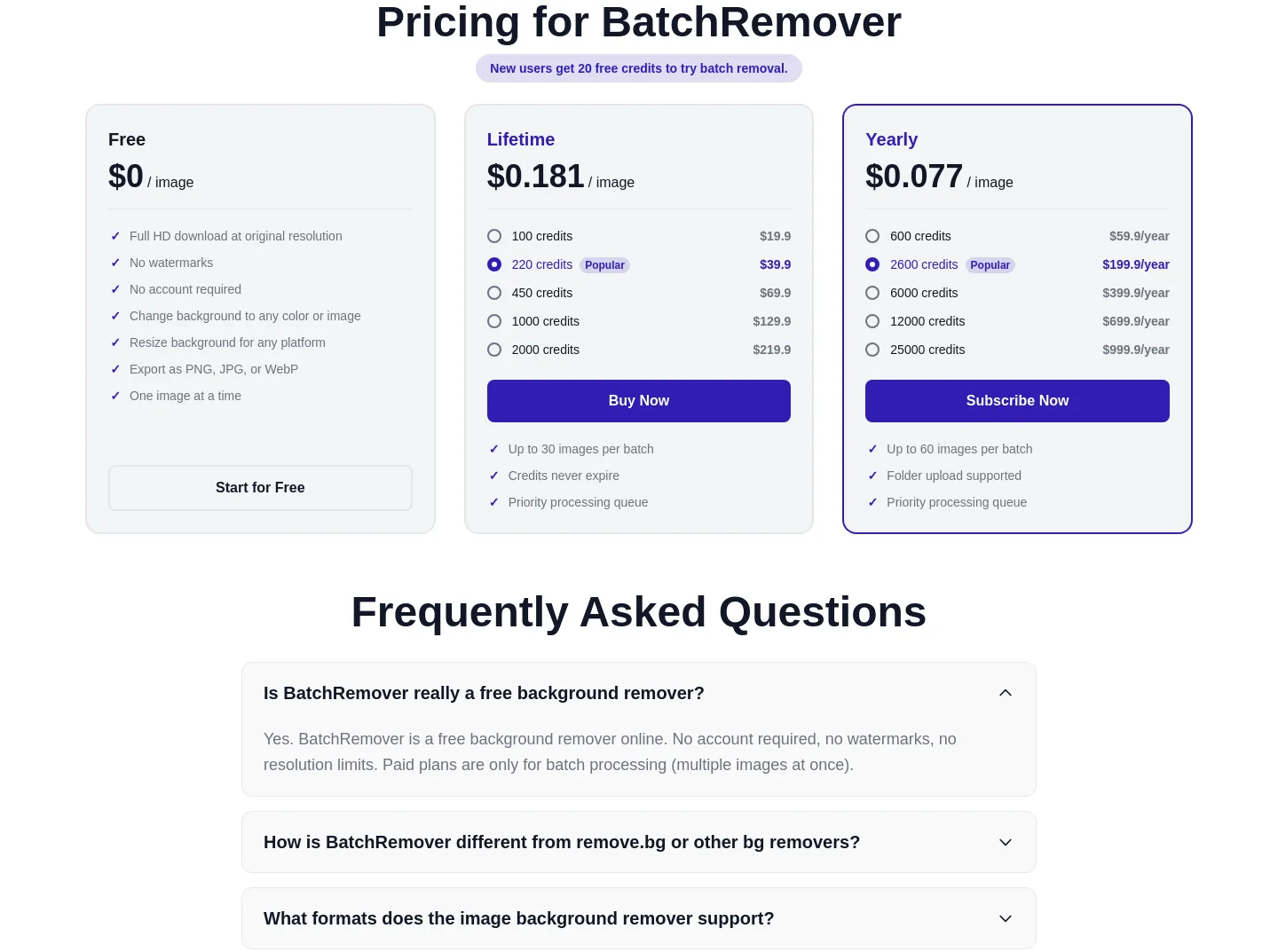 batchremover.com Pricing section