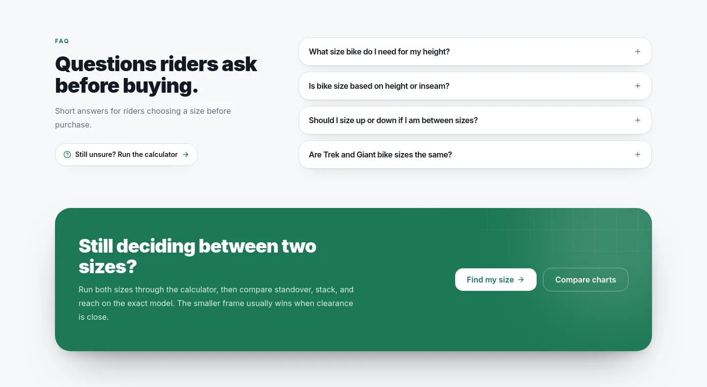 bikesizecharts.com — a real FAQ section