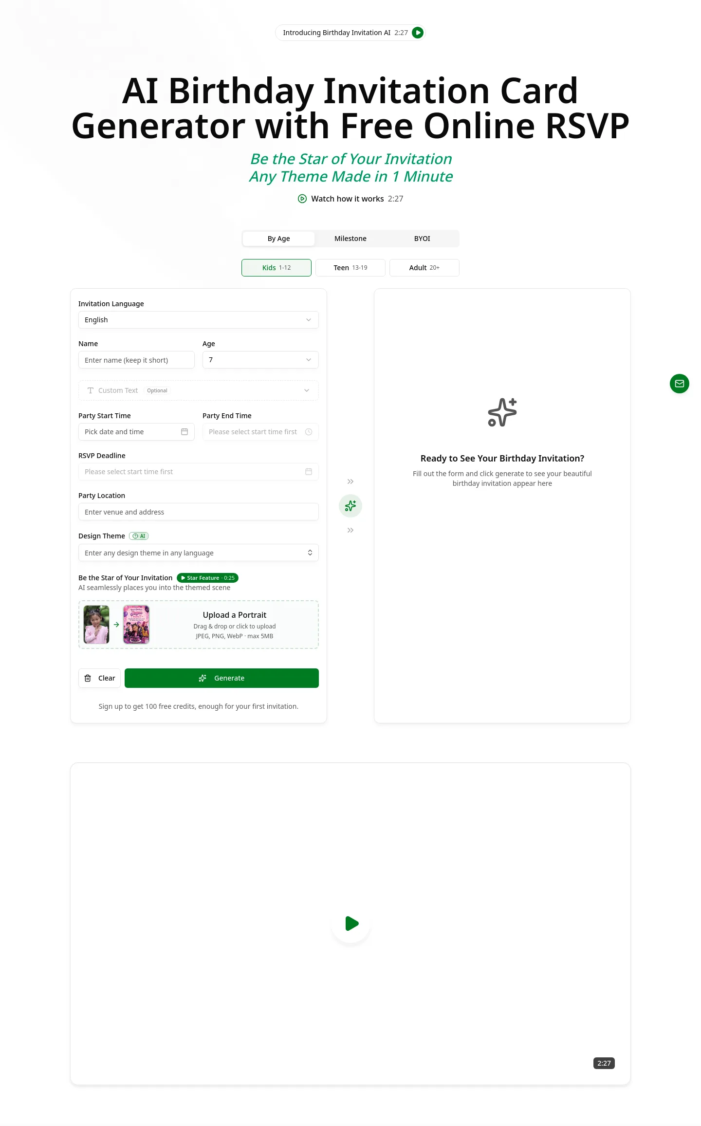 birthdayinvitation.ai — a real Hero section