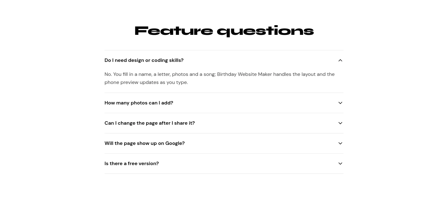 birthdaywebsite.app FAQ section