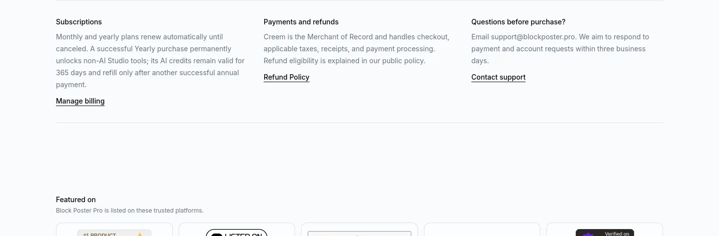 blockposter.pro Features section