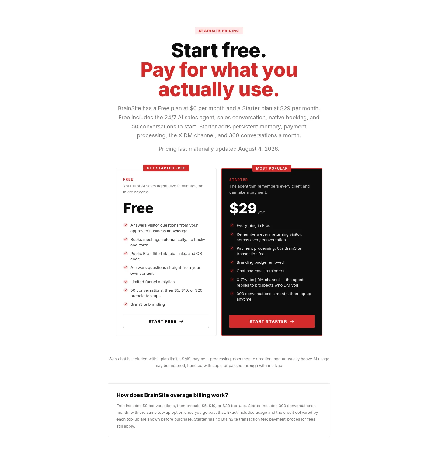 brainsite.ai Pricing section