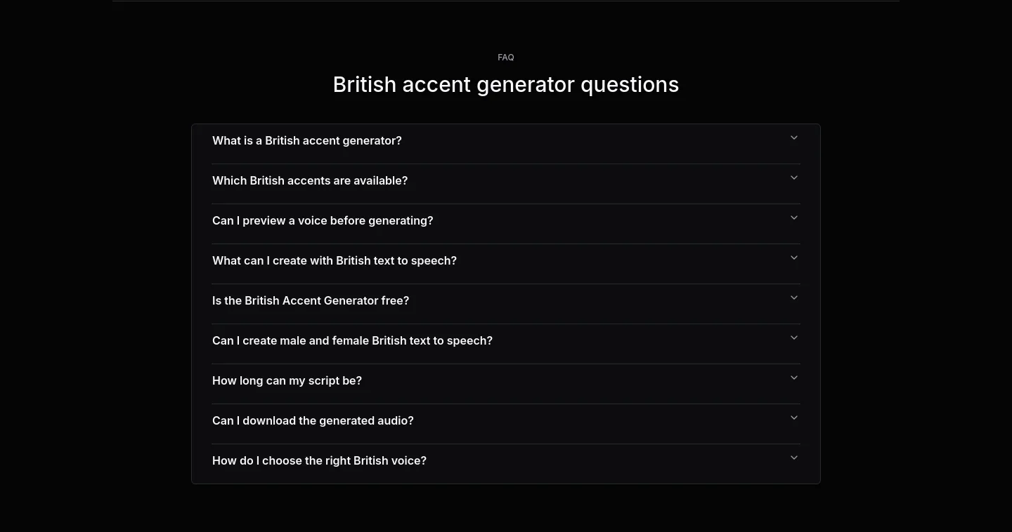 britishaccent.pro — a real FAQ section