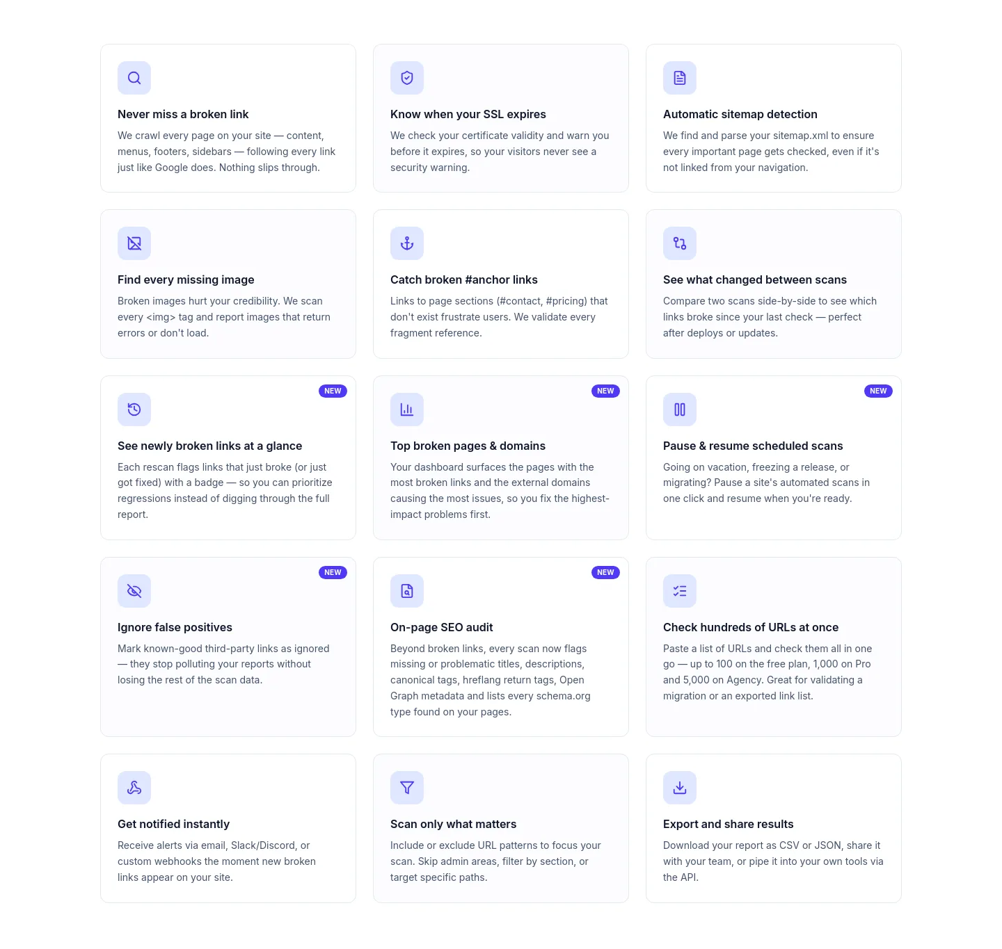 brokenlinkscan.com Features section