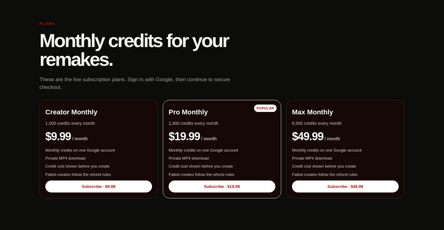 bulin47video.ai — a real Pricing section