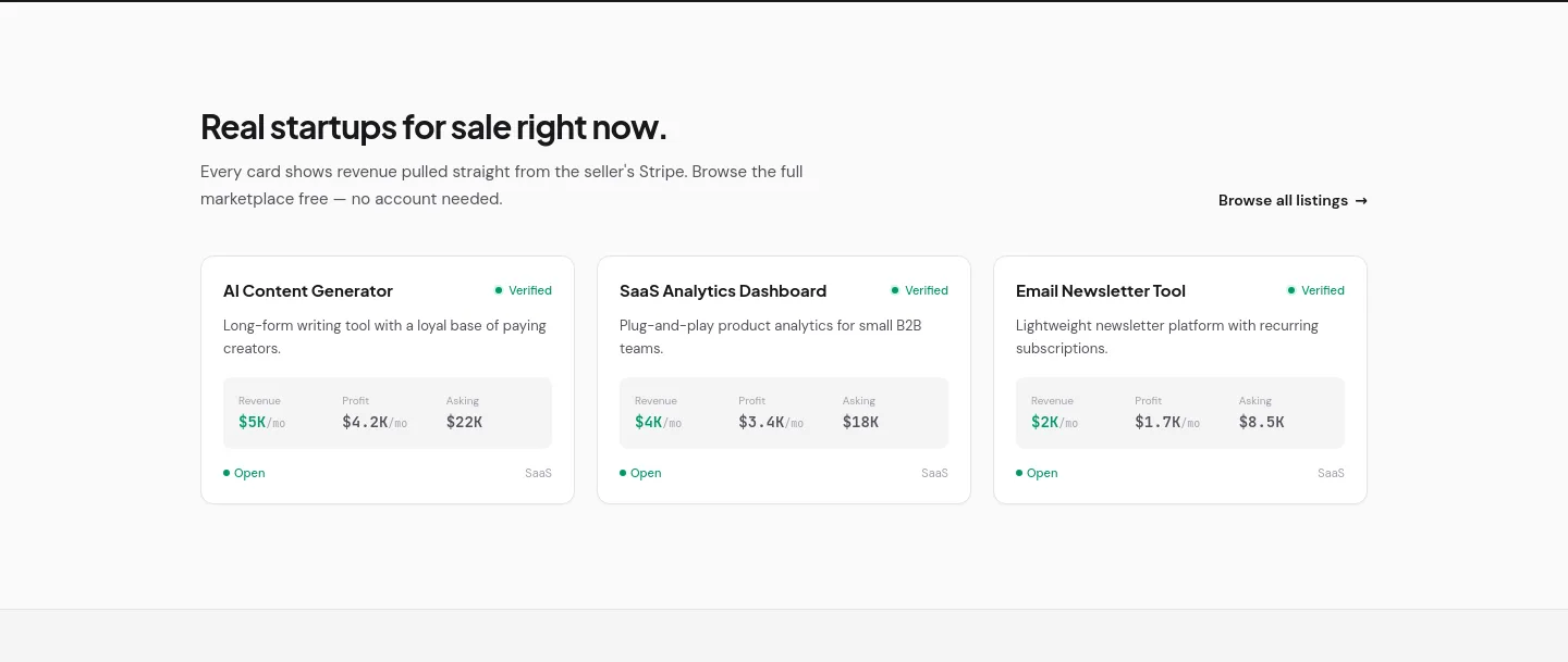 buymicrostartups.com Pricing section