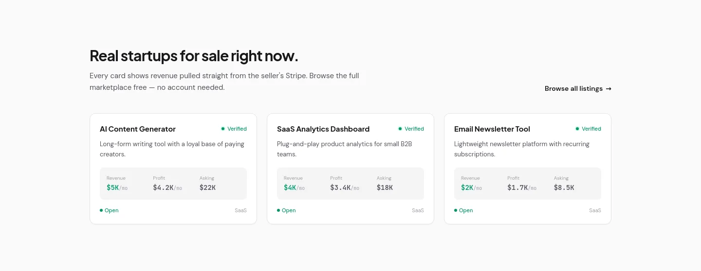 buymicrostartups.com Pricing section
