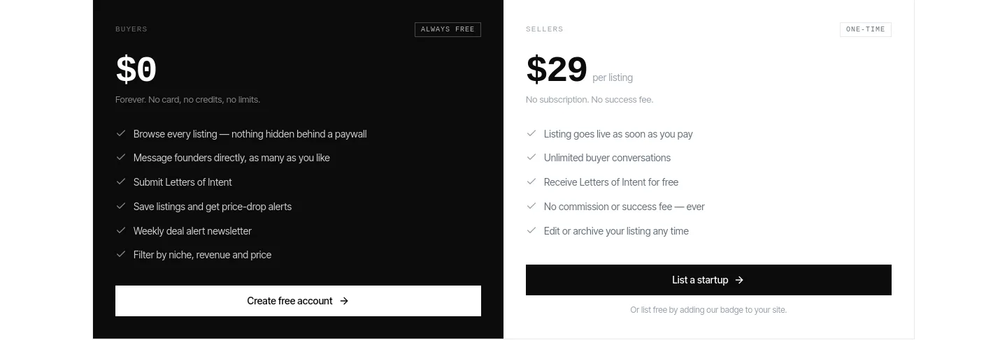 buysellstartups.com Pricing section