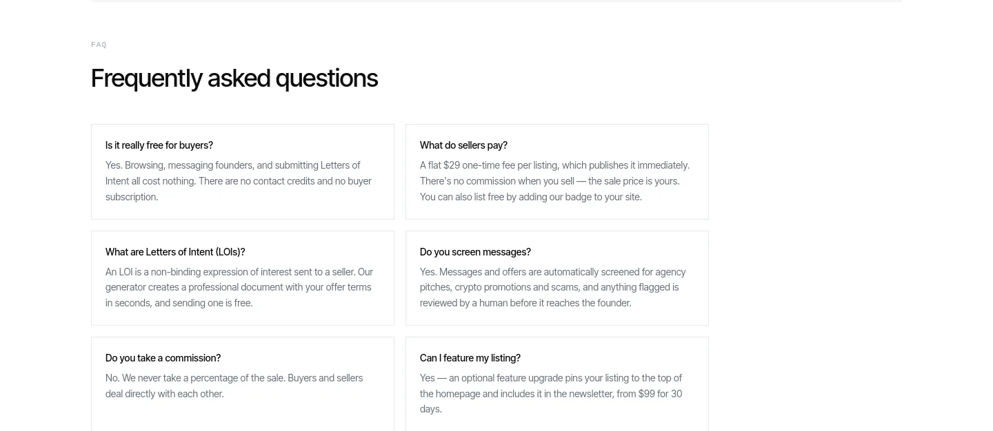 buysellstartups.com FAQ section