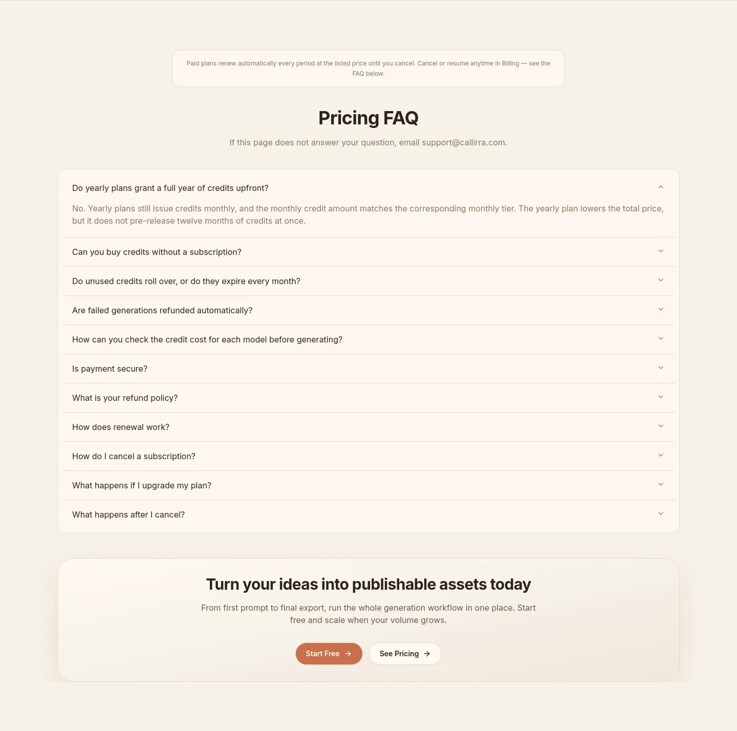 callirra.com FAQ section