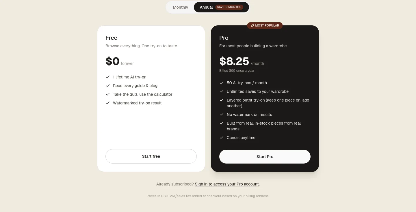 capsulewardrobe.ai Pricing section