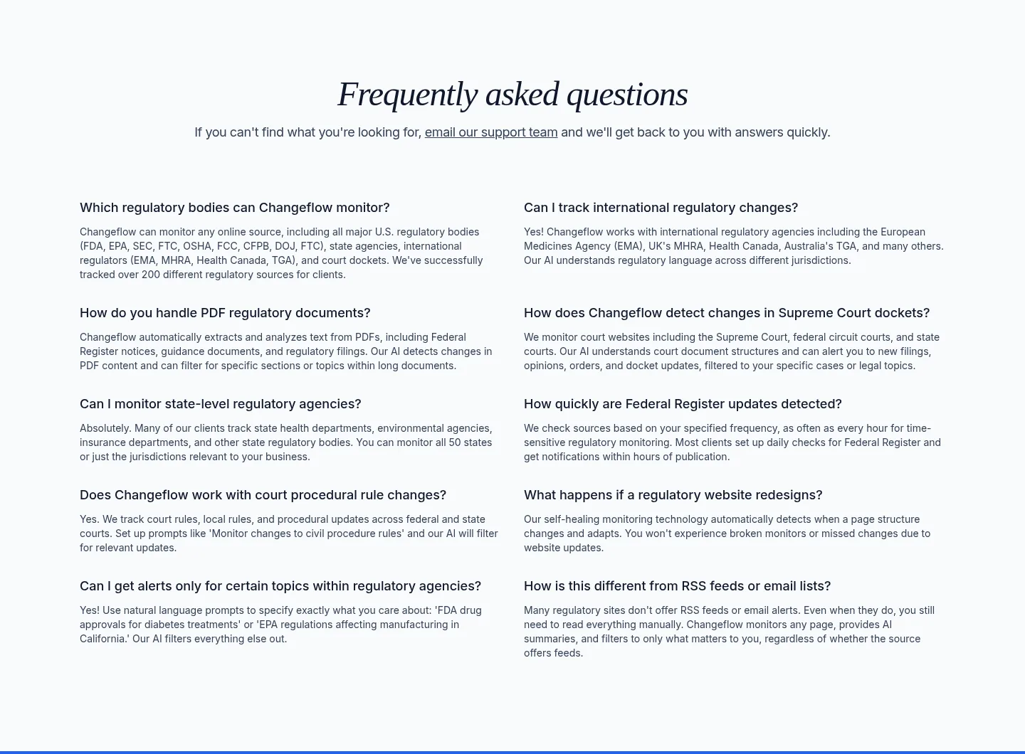 changeflow.com — a real FAQ section