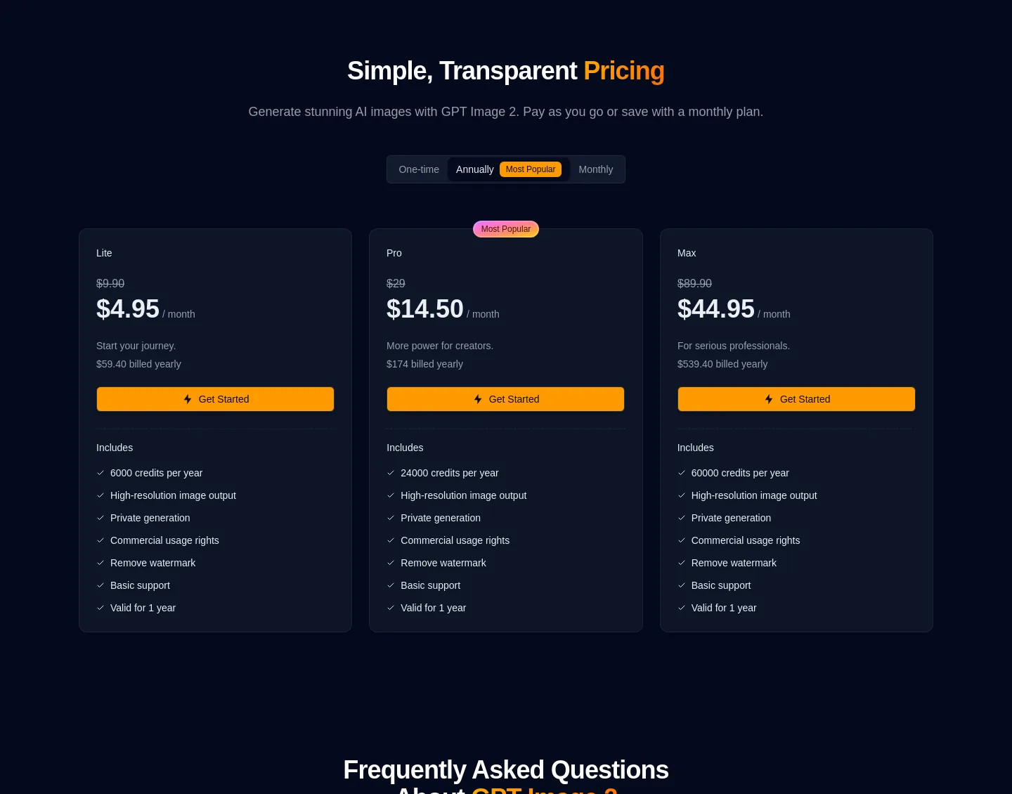 chatgptimage2.ai Pricing section