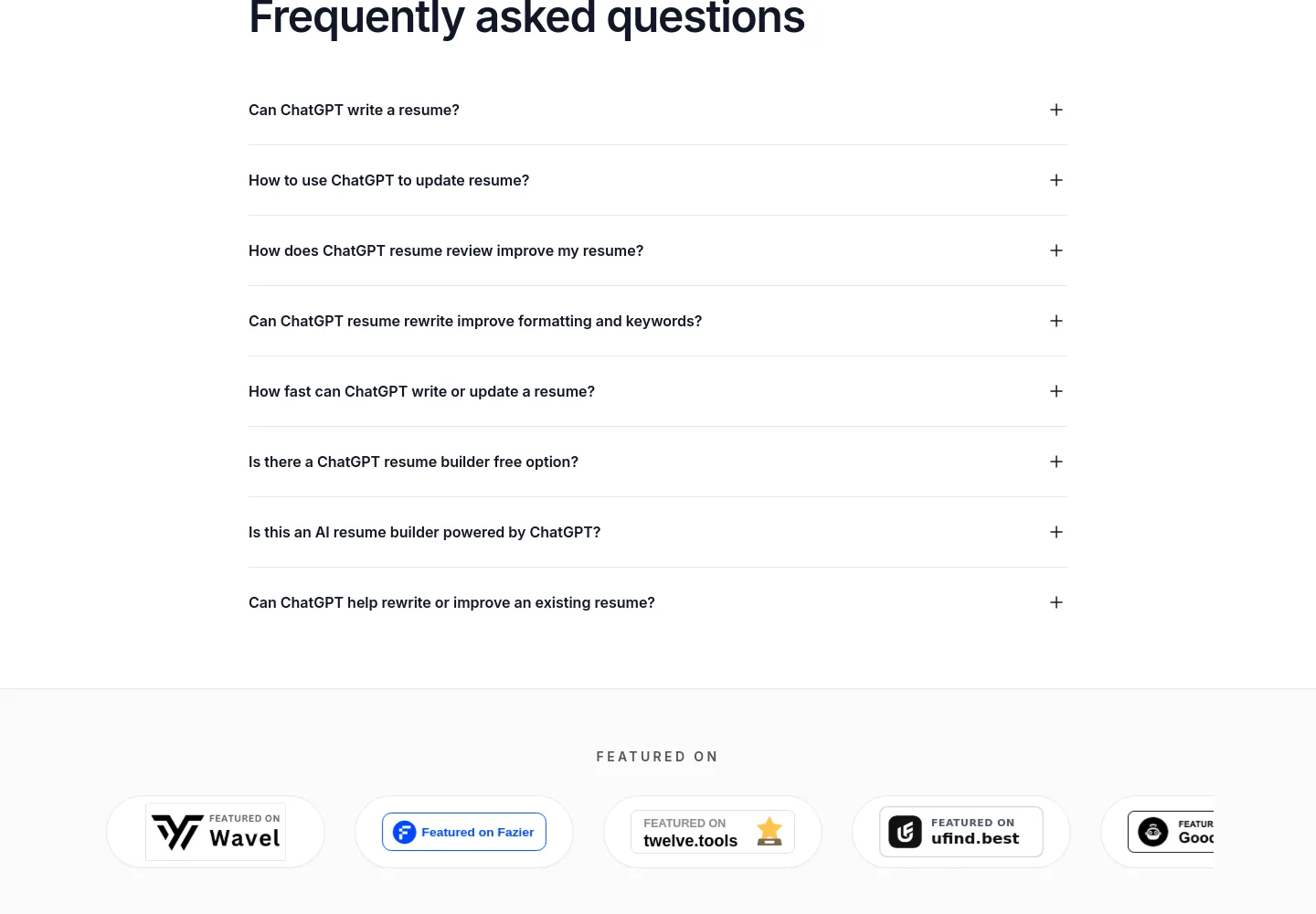chatgptresume.com — a real FAQ section