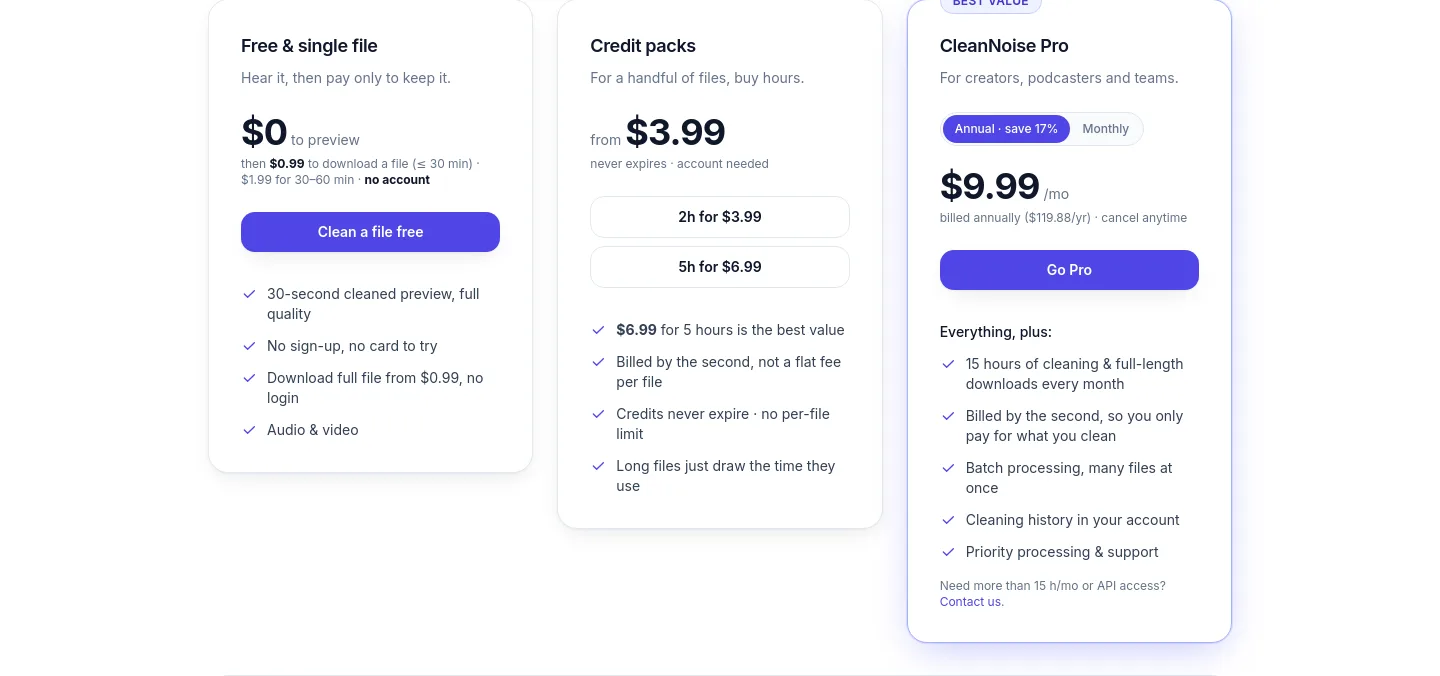cleannoise.app — a real Pricing section