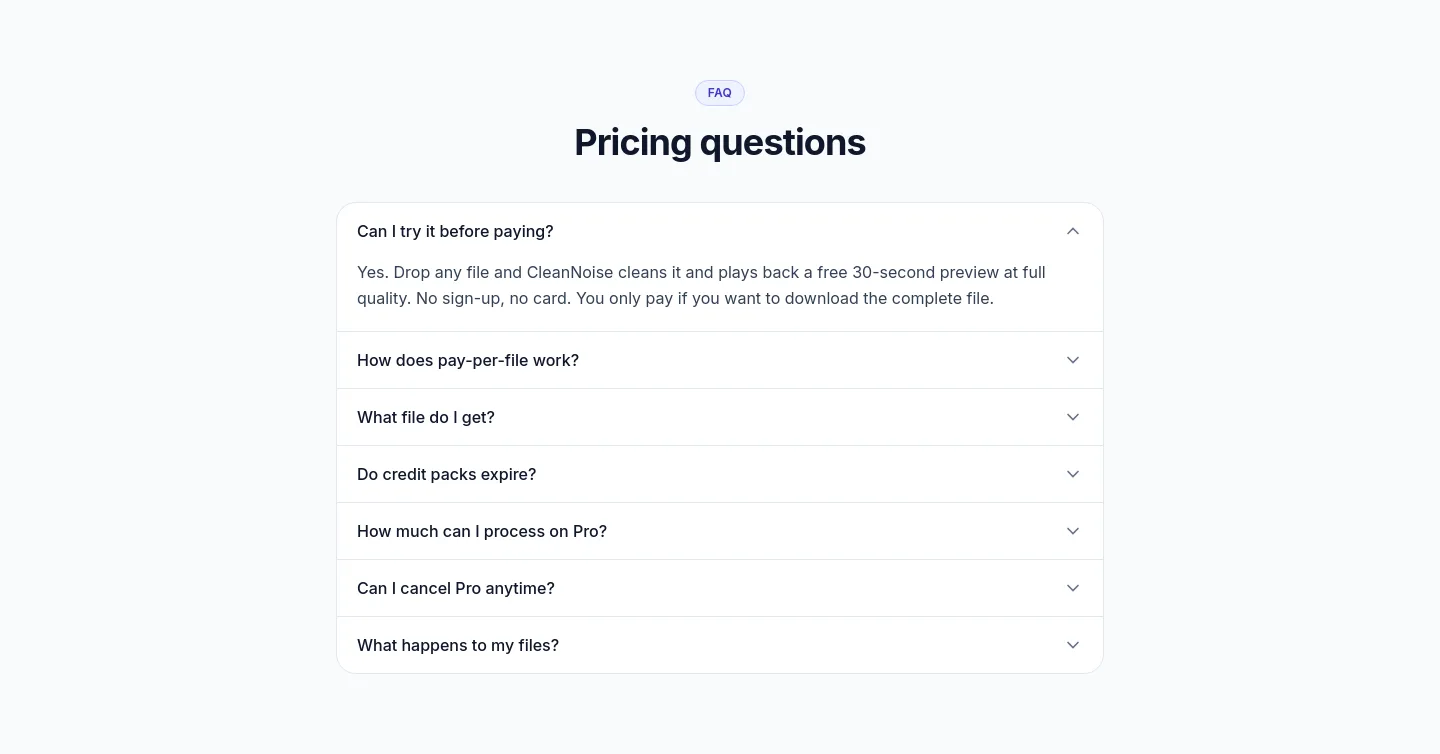 cleannoise.app — a real FAQ section
