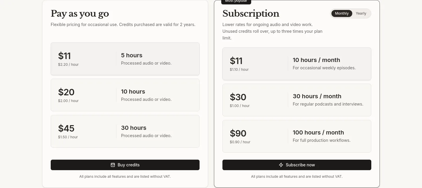 cleanvoice.app Pricing section