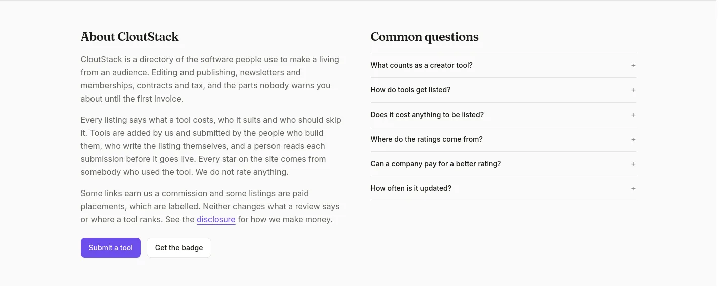 cloutstack.net — a real FAQ section