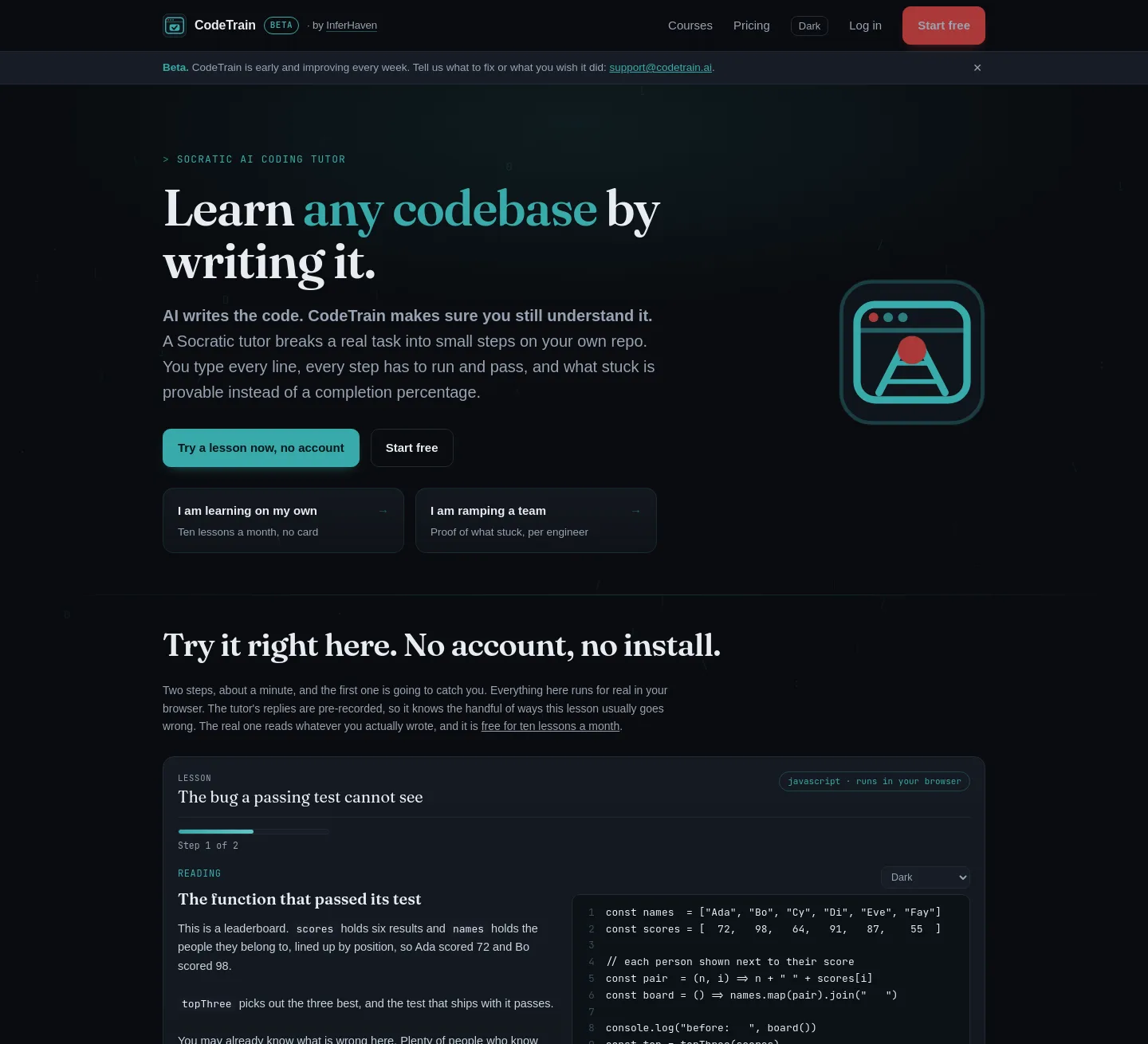 codetrain.ai — a measured funnel